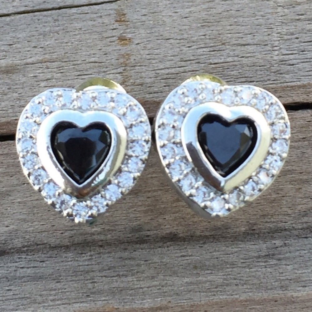 Black Sapphire heart silver plated earrings